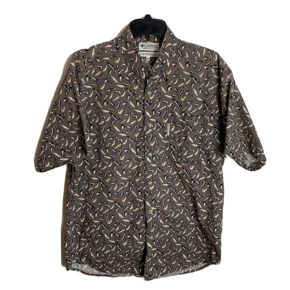 Columbia Mens Short Sleeve Button Down Fish Pattern Shirt Brown‎ Size Medium - Picture 1 of 7